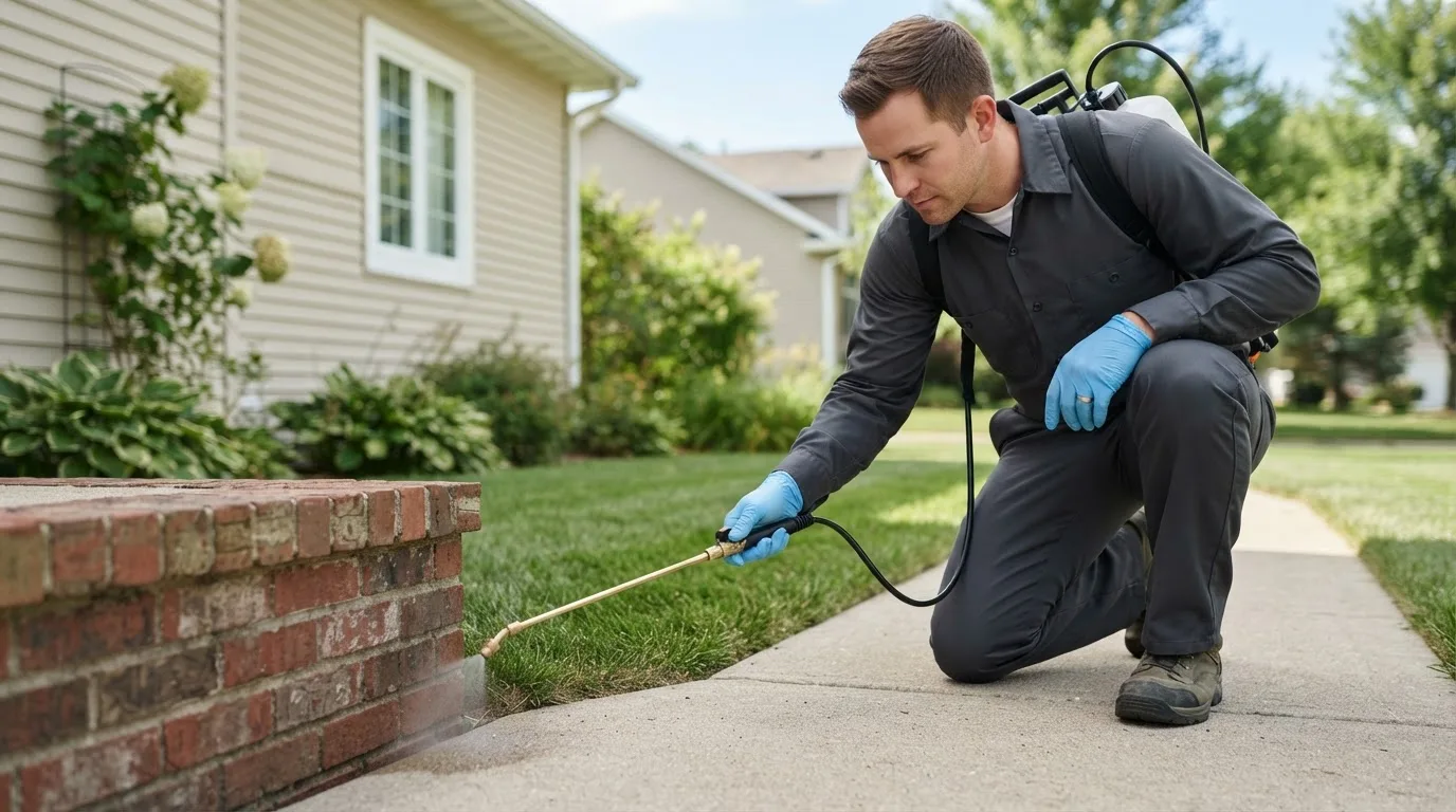 Pest control technician treating a home near Beldenville, WI