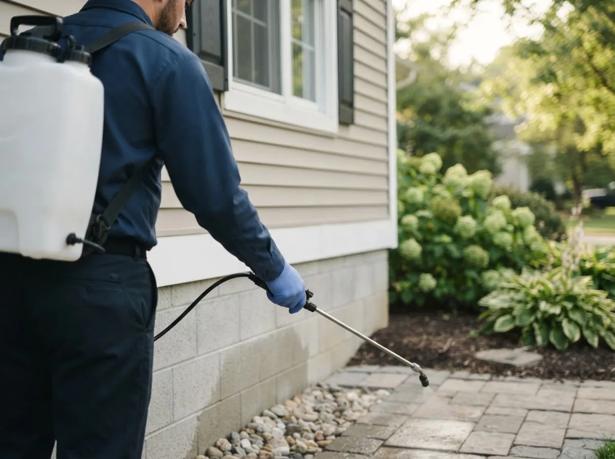 Pest control technician inspecting a home in Beldenville, WI